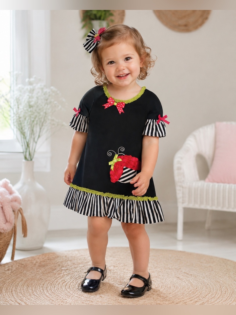 Rare Editions 2T Girls Dress Ladybug Bows Black Pink Striped Ruffled Bubble Hem